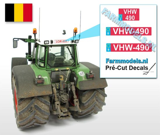 VHW490  3x BE RODE Kentekenplaatsticker WITTE LETTERS Pr&eacute;-Cut Decals 1:32 Farmmodels.nl