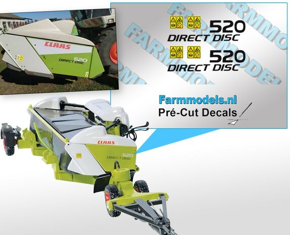 Claas direct disk 520 stickerset in zwart 2x logo 2x gevarenstickers Decals 1:32 Farmmodels.nl