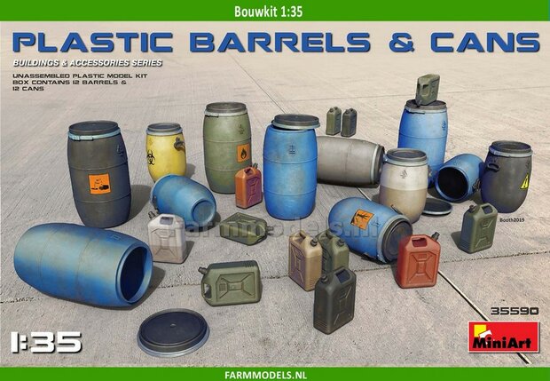 Plastic Barrels &amp; Cans Bouwpakket Plastic Vaten / Olie / vergif vaten set, perfect voor 1:32  35590