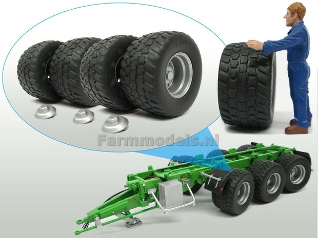 4x Michelin Cargo XBib banden + METALIC ZILVERGRIJZE velgen + afdekkapjes , &Oslash; 43.6 mm, 1:32  AT3200107