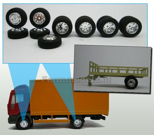 30 Delige Vrachtwagen Bandenset met Verchroomde velgen en eindnaven. Enkel- &amp; Dubbelluchtbanden &Oslash; 27 mm  1:32   
