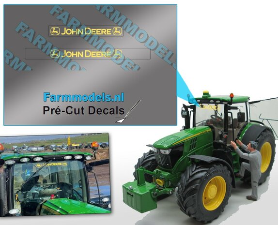 2x JOHN DEERE met logo voorruit stickers GEEL op transparante achtergrond 40 mm breed Pr&eacute;-Cut Decals 1:32 Farmmodels.nl 