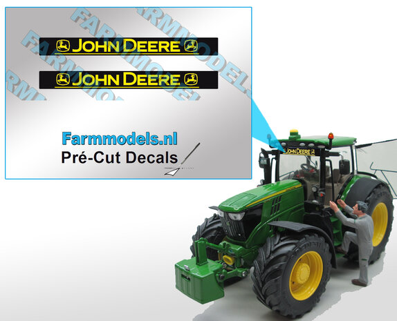 2x JOHN DEERE met streep voorruit stickers GEEL op ZWARTE achtergrond 40 mm breed Pr&eacute;-Cut Decals 1:32 Farmmodels.nl 