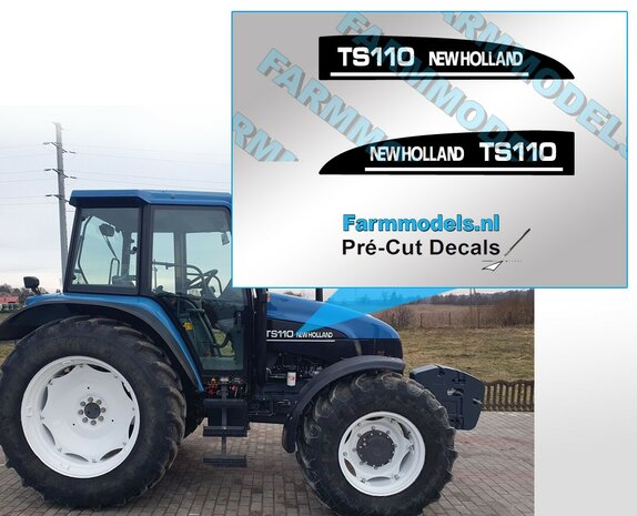 TS110 NEW HOLLAND, Pr&eacute;-Cut Decals op mat zwarte folie 1:32 Farmmodels.nl