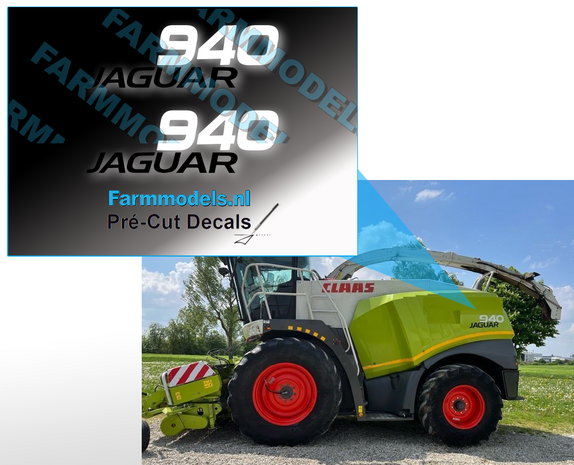 2x CLAAS Jaguar 940 stickers zwart/wit 7 mm hoog 32 mm breed&nbsp;op transparante folie 1:32 schaal Farmmodels.nl