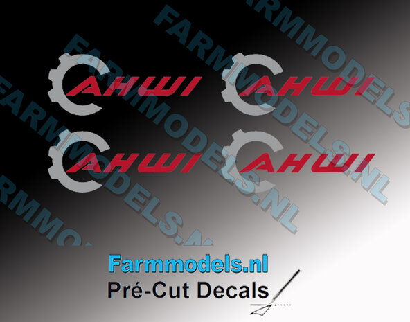 AHWI logo grijs/rood Geschikt op diverse werktuigen van AHWI bosbouw equipment.  2 cm breed Pr&eacute;-Cut Decals 1:32 Farmmodels.nl