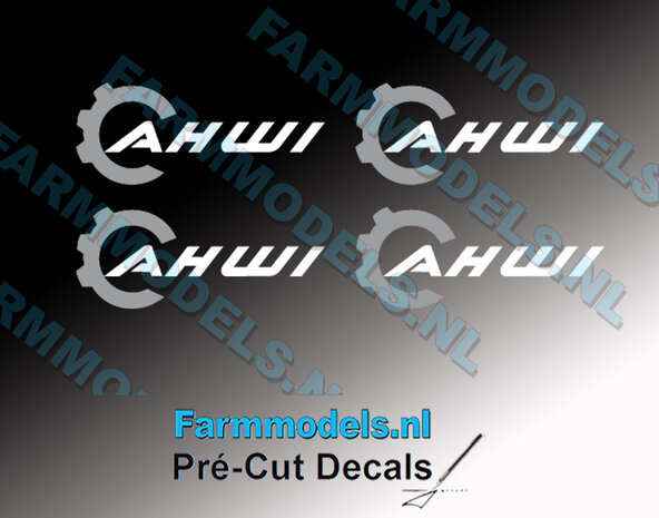 AHWI logo grijs/wit Geschikt op diverse werktuigen van AHWI bosbouw equipment.  2 cm breed Pr&eacute;-Cut Decals 1:32 Farmmodels.nl