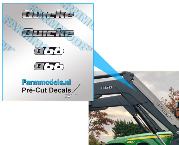 QUICKE logo +  Q66  11,3 mm breed complete stickerset op transparante folie 1:32 schaal Farmmodels.nl