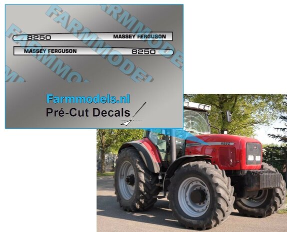 Massey Ferguson 8250 type nummer, Geschikt voor  8280 Xtra UH,  Pr&eacute;-Cut Decals op zilver, 1:32 Farmmodels.nl&nbsp;