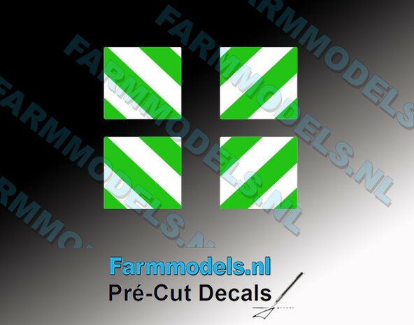 2x links &amp; rechts GROEN/wit verdrijvingsstreep stickers op WITTE folie 10x10 mm Pr&eacute;-Cut Decal 1:32 Farmmodels.nl 