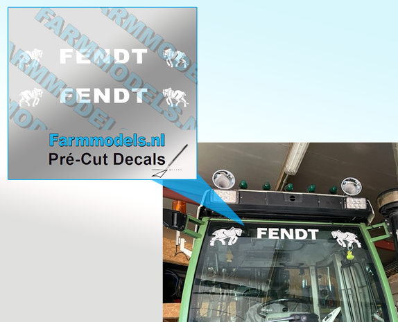 2x FENDT voorruit sticker WIT 4,5mm x 37mm Pr&eacute;-Cut Decals 1:32 Farmmodels.nl
