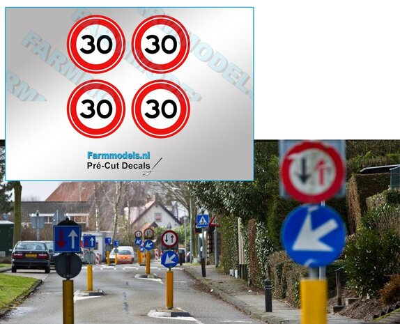 Verkeersbord - A01-030 - Maximum snelheid 30 km/h, 4 stuks &Oslash; 19mm  Decals 1:32 Farmmodels.nl