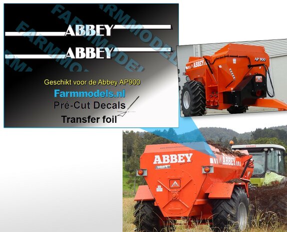2x  sticker 65x8 mm voor de Abbey AP900 (oud logo) Pr&eacute;-Cut Decals uit WITTE folie 1:32 schaal Farmmodels.nl