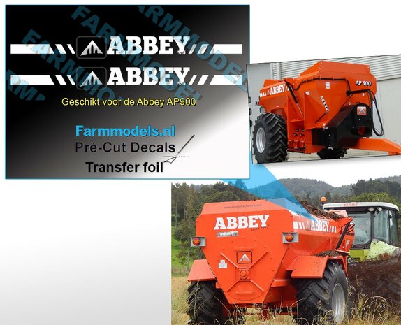 2x  sticker 75x8 mm voor de Abbey AP900 (nieuw logo) Pr&eacute;-Cut Decals uit WITTE folie 1:32 schaal Farmmodels.nl