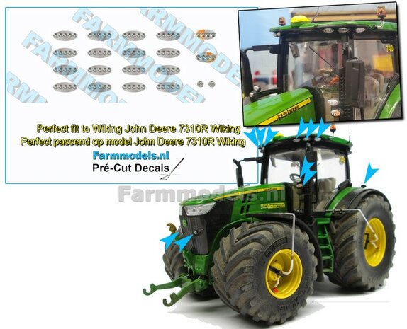 14x (Werk-) Verlichtings stickers LED met extra dikke transparante laag t.b.v. John Deere 7310R Wiking 1:32 Farmmodels.nl