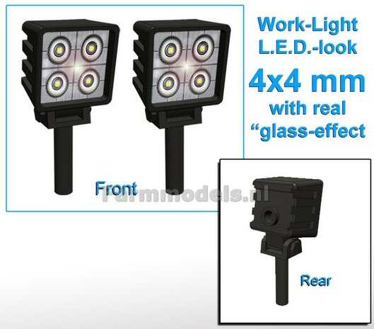 2x Werklampen VIERKANT 4x4 mm, 3D L.E.D.-Look Glas effect ZONDER Kabel, montage pen ONDERKANT (Zonder handgreep) 1:32  