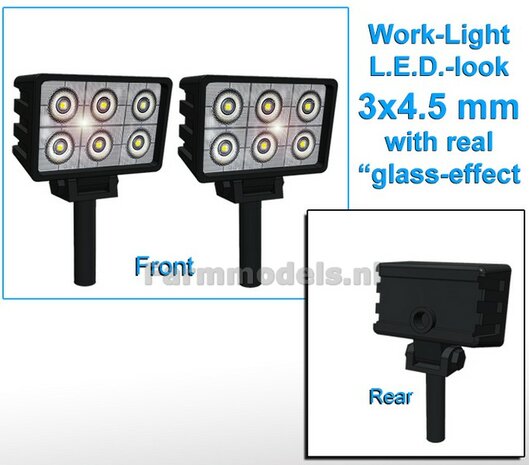 2x Werklampen RECHTHOEK 3x4.5 mm, 3D L.E.D.-Look Glas effect ZONDER Kabel, montage pen ONDERKANT (Zonder handgreep) 1:32  