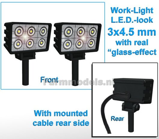 2x Werklampen RECHTHOEK 3x4.5 mm, 3D L.E.D.-Look Glas effect MET Kabel, montage pen ONDERKANT (Zonder handgreep) 1:32  