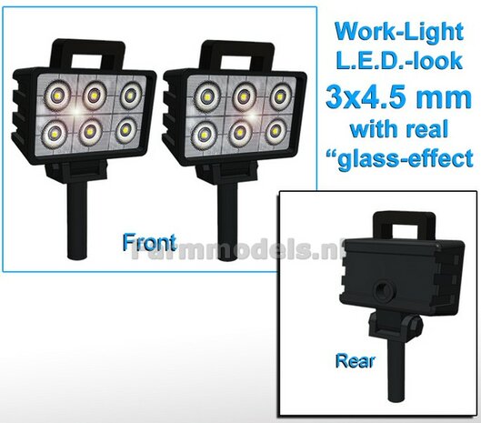 2x Werklampen RECHTHOEK 3x4.5 mm, 3D L.E.D.-Look Glas effect ZONDER Kabel, montage pen ONDERKANT, MET handgreep 1:32  