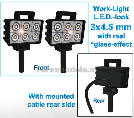 2x Werklampen RECHTHOEK 3x4.5 mm, 3D L.E.D.-Look Glas effect MET Kabel, montage pen ONDERKANT, MET handgreep 1:32  