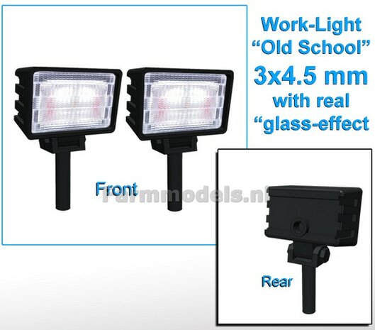 2x Werklampen RECHTHOEK 3x4.5 mm, Old School Glas effect ZONDER Kabel, montage pen ONDERKANT (Zonder handgreep) 1:32  