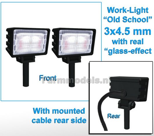 2x Werklampen RECHTHOEK 3x4.5 mm, Old School Glas effect MET Kabel, montage pen ONDERKANT (Zonder handgreep) 1:32  