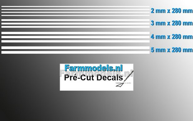 Striping set WIT, 2 mm - 3mm - 4mm - 5mm x 280 mm Voorgesneden uit hoogwaardige kleurenfolie 