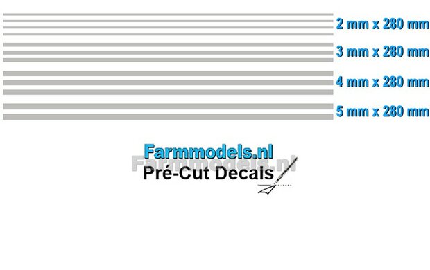 Striping set LICHT GRIJS, 2 mm - 3mm - 4mm - 5mm x 280 mm Voorgesneden uit hoogwaardige kleurenfolie 