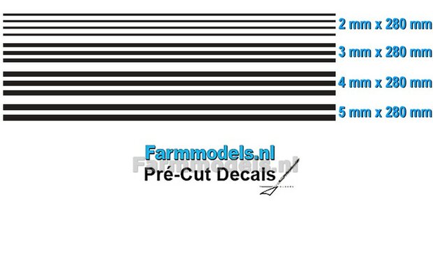 Striping set ZWART MAT, 2 mm - 3mm - 4mm - 5mm x 280 mm Voorgesneden uit hoogwaardige kleurenfolie 