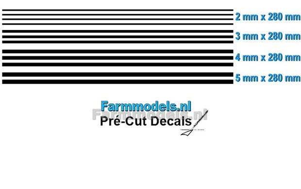 Striping set ZWART GLANS, 2 mm - 3mm - 4mm - 5mm x 280 mm Voorgesneden uit hoogwaardige kleurenfolie 