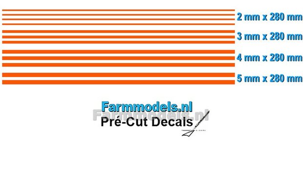 Striping set ORANJE, 2 mm - 3mm - 4mm - 5mm x 280 mm Voorgesneden uit hoogwaardige kleurenfolie 