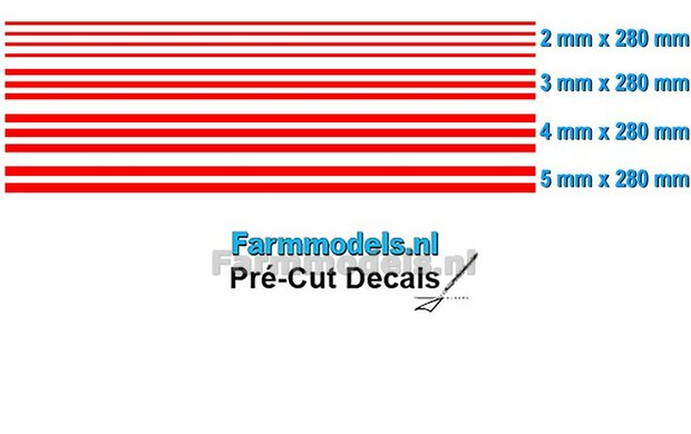 Striping set ROOD, 2 mm - 3mm - 4mm - 5mm x 280 mm Voorgesneden uit hoogwaardige kleurenfolie 