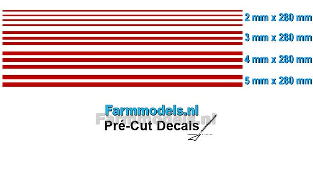 Striping set  VERVAET ROOD, 2 mm - 3mm - 4mm - 5mm x 280 mm Voorgesneden uit hoogwaardige kleurenfolie 