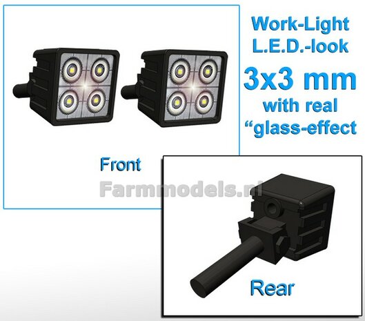 2x Werklampen VIERKANT 3x3 mm, 3D L.E.D.-Look Glas effect ZONDER Kabel, montage pen ACHTERKANT (Zonder handgreep) 1:32  