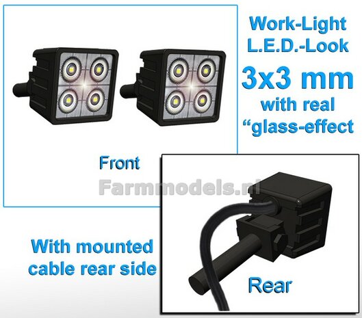 2x Werklampen VIERKANT 3x3 mm, 3D L.E.D.-Look Glas effect MET Kabel, montage pen ACHTERKANT (Zonder handgreep) 1:32  