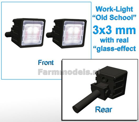 2x Werklampen VIERKANT 3x3 mm, Old School Glas effect ZONDER Kabel, montage pen ACHTERKANT (Zonder handgreep) 1:32  