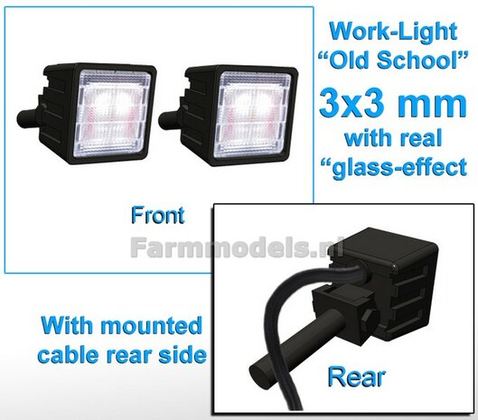 2x Werklampen VIERKANT 3x3 mm, Old School Glas effect MET Kabel, montage pen ACHTERKANT (Zonder handgreep) 1:32  