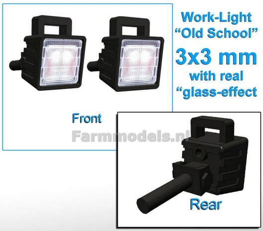 2x Werklampen VIERKANT 3x3 mm, 3D Old School Glas effect ZONDER Kabel, montage pen ACHTERKANT, MET handgreep 1:32  