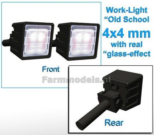 2x Werklampen VIERKANT 4x4 mm, 3D Old School Glas effect ZONDER Kabel, montage pen ACHTERKANT, ZONDER handgreep 1:32  