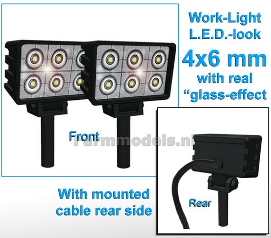 2x Werklampen RECHTHOEK 4x6 mm, 3D L.E.D.-Look Glas effect MET Kabel, montage pen ONDERKANT (Zonder handgreep) 1:32  