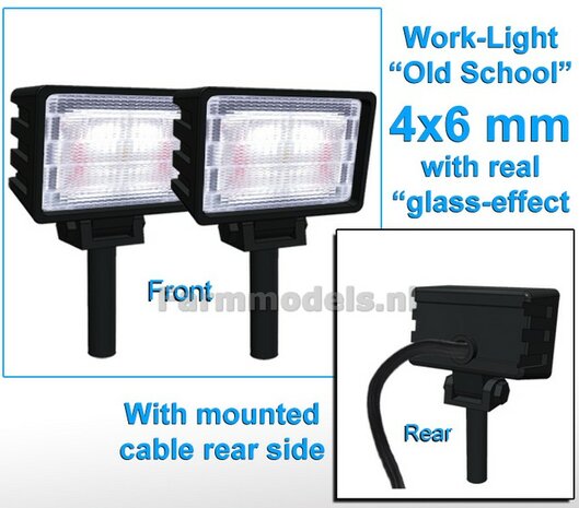 2x Werklampen RECHTHOEK 4x6 mm, Old School Glas effect MET Kabel, montage pen ONDERKANT (Zonder handgreep) 1:32  