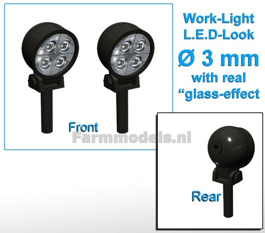 2x Werklampen ROND &Oslash; 3 mm, 3D L.E.D.-Look Glas effect ZONDER Kabel, montage pen ONDERKANT (Zonder handgreep) 1:32  