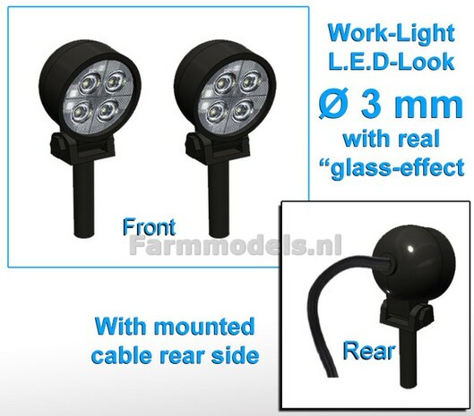2x Werklampen ROND &Oslash;3 mm, 3D L.E.D.-Look Glas effect MET Kabel, montage pen ONDERKANT (Zonder handgreep) 1:32  