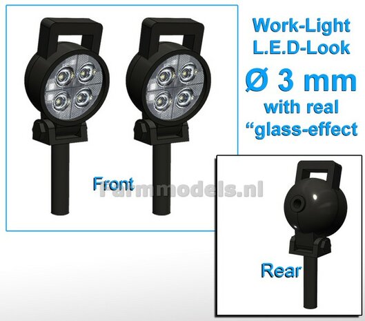 2x Werklampen RONDE &Oslash; 3 mm, 3D L.E.D.-Look Glas effect ZONDER Kabel, montage pen ONDERKANT, MET handgreep 1:32  