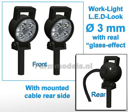 2x Werklampen ROND  &Oslash;3 mm, 3D L.E.D.-Look Glas effect MET Kabel, montage pen ONDERKANT, MET handgreep 1:32  