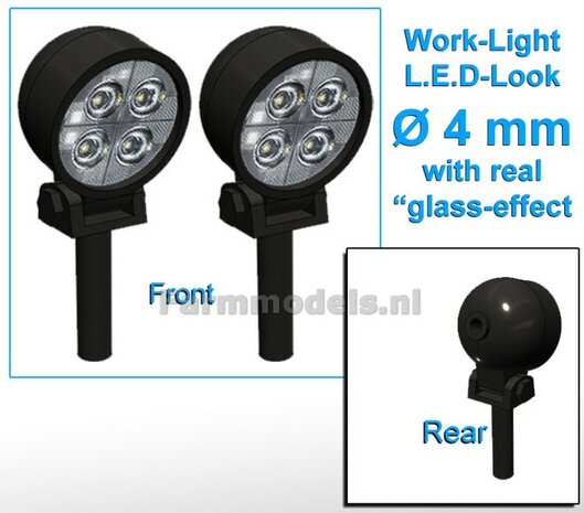 2x Werklampen ROND &Oslash; 4 mm, 3D L.E.D.-Look Glas effect ZONDER Kabel, montage pen ONDERKANT (Zonder handgreep) 1:32  