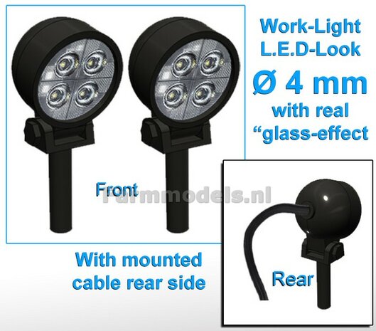 2x Werklampen ROND &Oslash;4 mm, 3D L.E.D.-Look Glas effect MET Kabel, montage pen ONDERKANT (Zonder handgreep) 1:32  