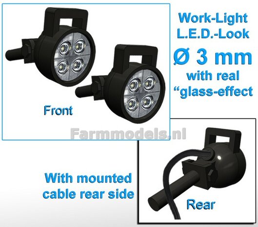 2x Werklampen ROND  &Oslash;3 mm, 3D L.E.D.-Look Glas effect MET Kabel, montage pen ACHTERKANT, MET handgreep 1:32  