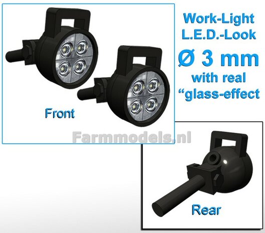2x Werklampen RONDE &Oslash; 3 mm, 3D L.E.D.-Look Glas effect ZONDER Kabel, montage pen ACHTERKANT, MET handgreep 1:32  