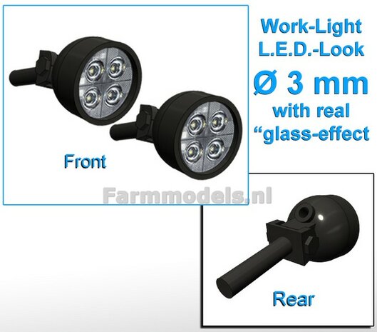 2x Werklampen ROND &Oslash; 3 mm, 3D L.E.D.-Look Glas effect ZONDER Kabel, montage pen ACHTERKANT (Zonder handgreep) 1:32  
